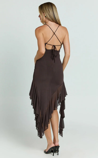 Constantina Midi Dress - Asymmetric Ruffle Tie Back Dress in Dark Chocolate