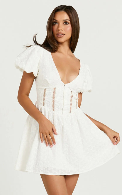 Chriscelle Mini Dress - Lace Detail Fit & Flare Dress in White