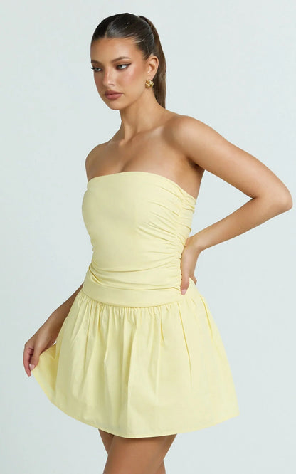 Donatella Mini Dress - Strapless Drop Waist Dress in Lemon