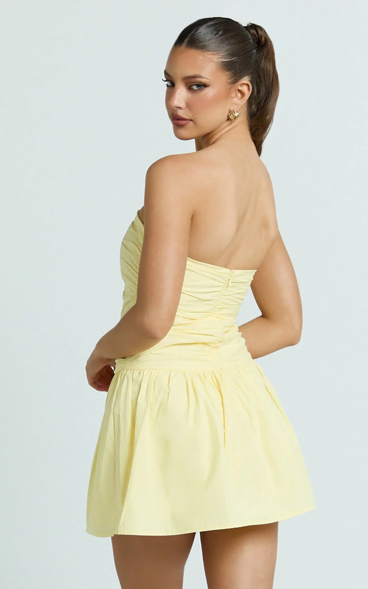 Donatella Mini Dress - Strapless Drop Waist Dress in Lemon