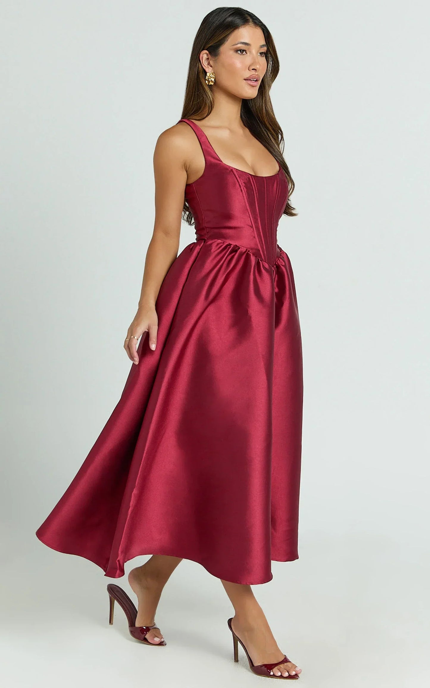 Courtney Midi Dress - Corset Panel Low Back Dress in Wine