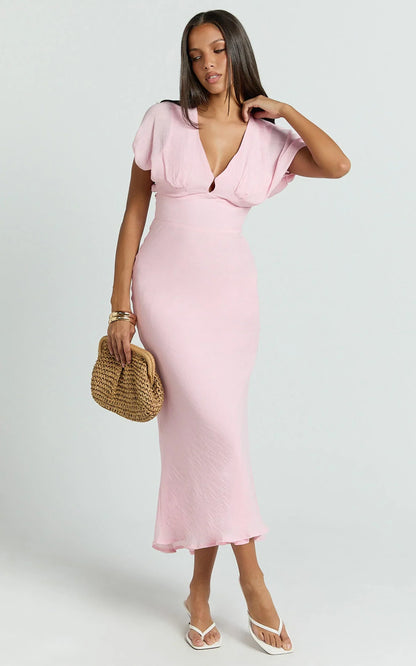Desiree Midi Dress - V Neck Flutter Short Sleeve Slip Dress in Pink