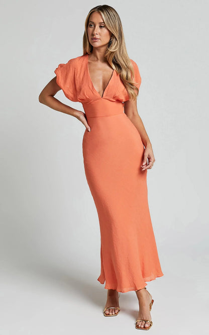 Desiree Midi Dress - V Neck Flutter Short Sleeve Slip Dress in Orange