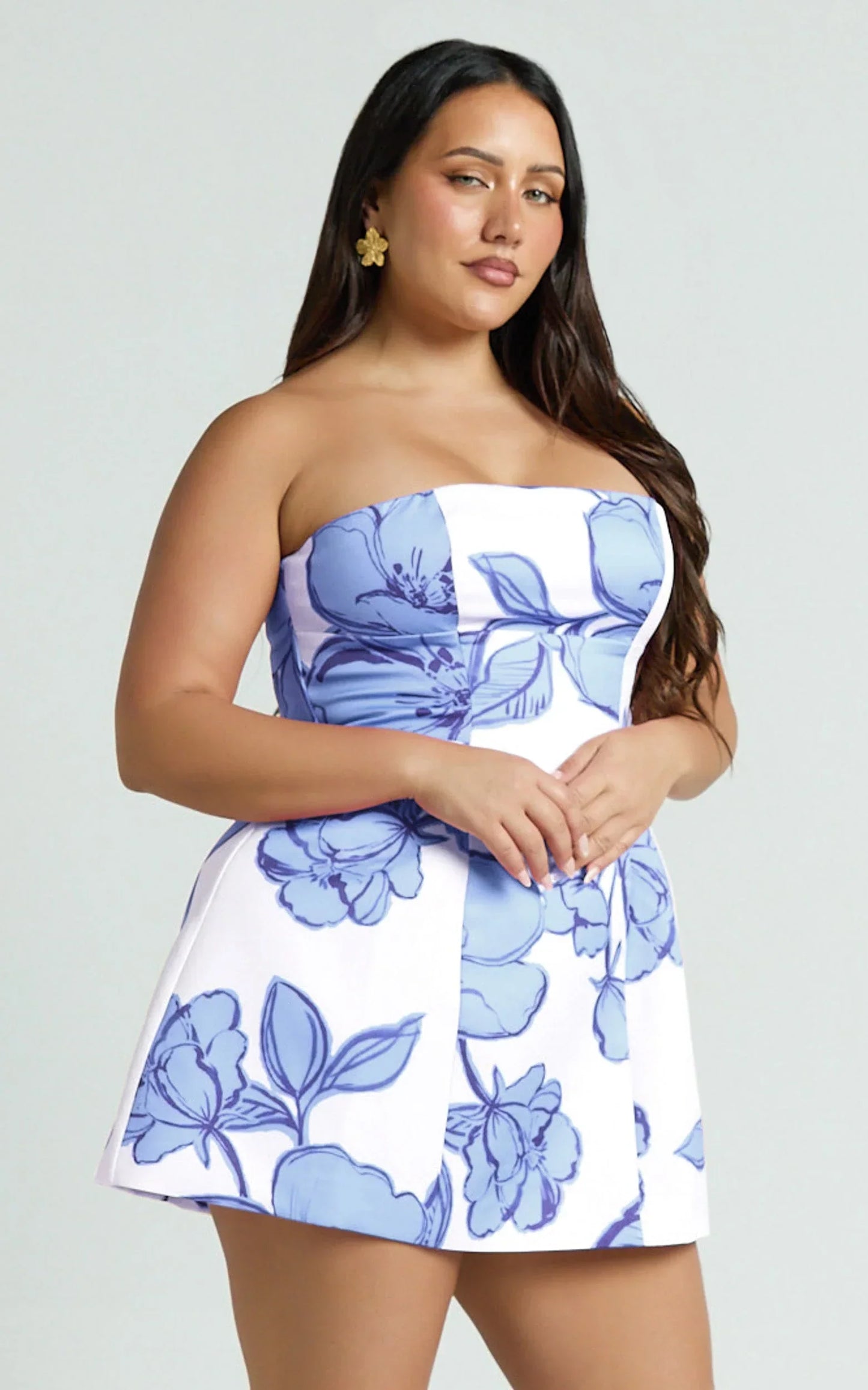 Catharine Mini Dress - Strapless A Line Dress in Blue Floral