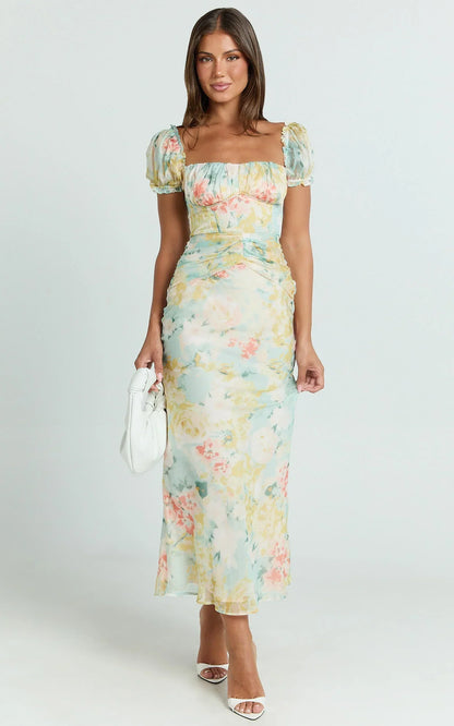 Debina Maxi Dress - Sweetheart Neckline Short Sleeve Dress in Yellow