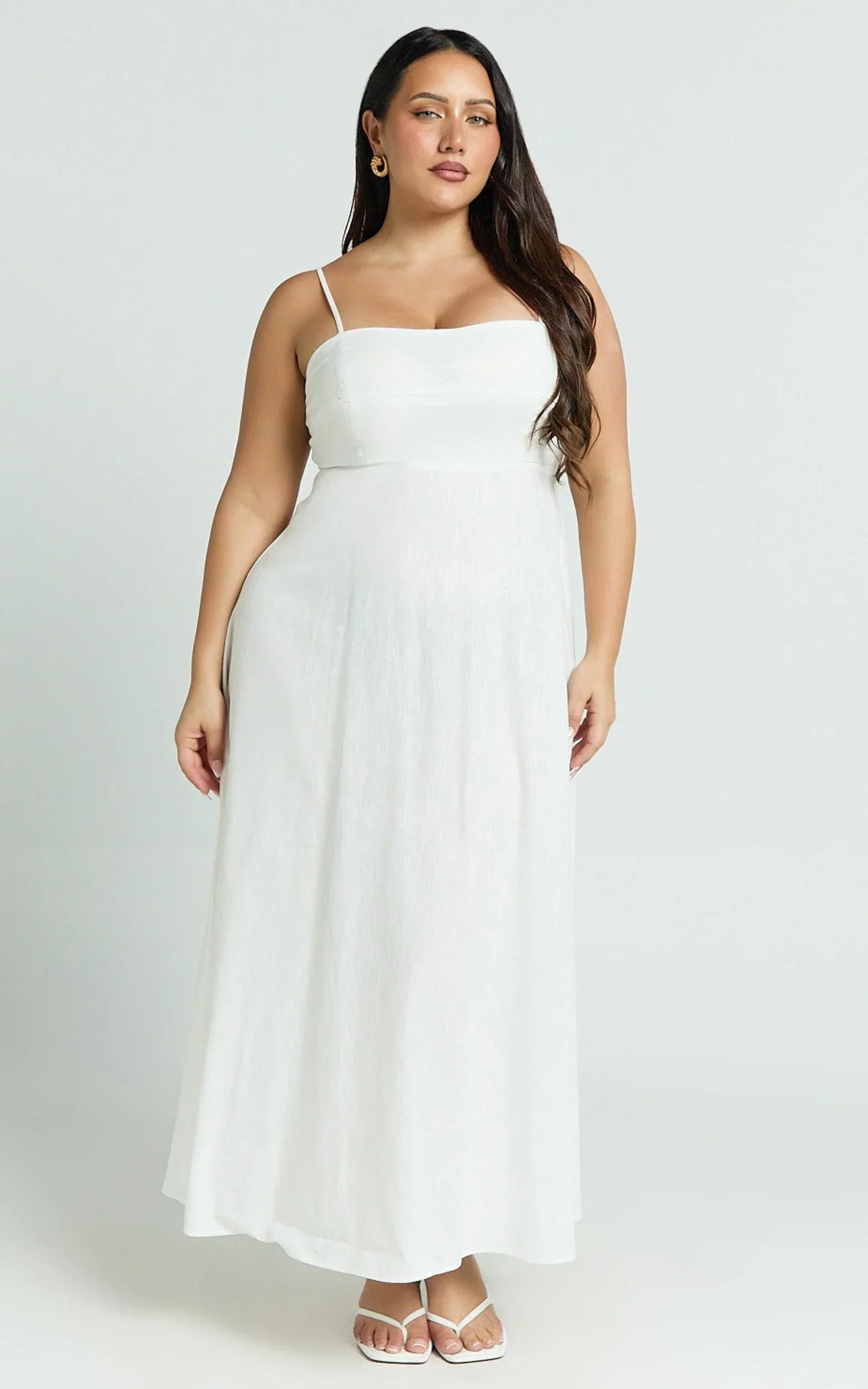 Brette Midi Dress - Linen Straight Neck Strappy Fit And Flare Dress in White
