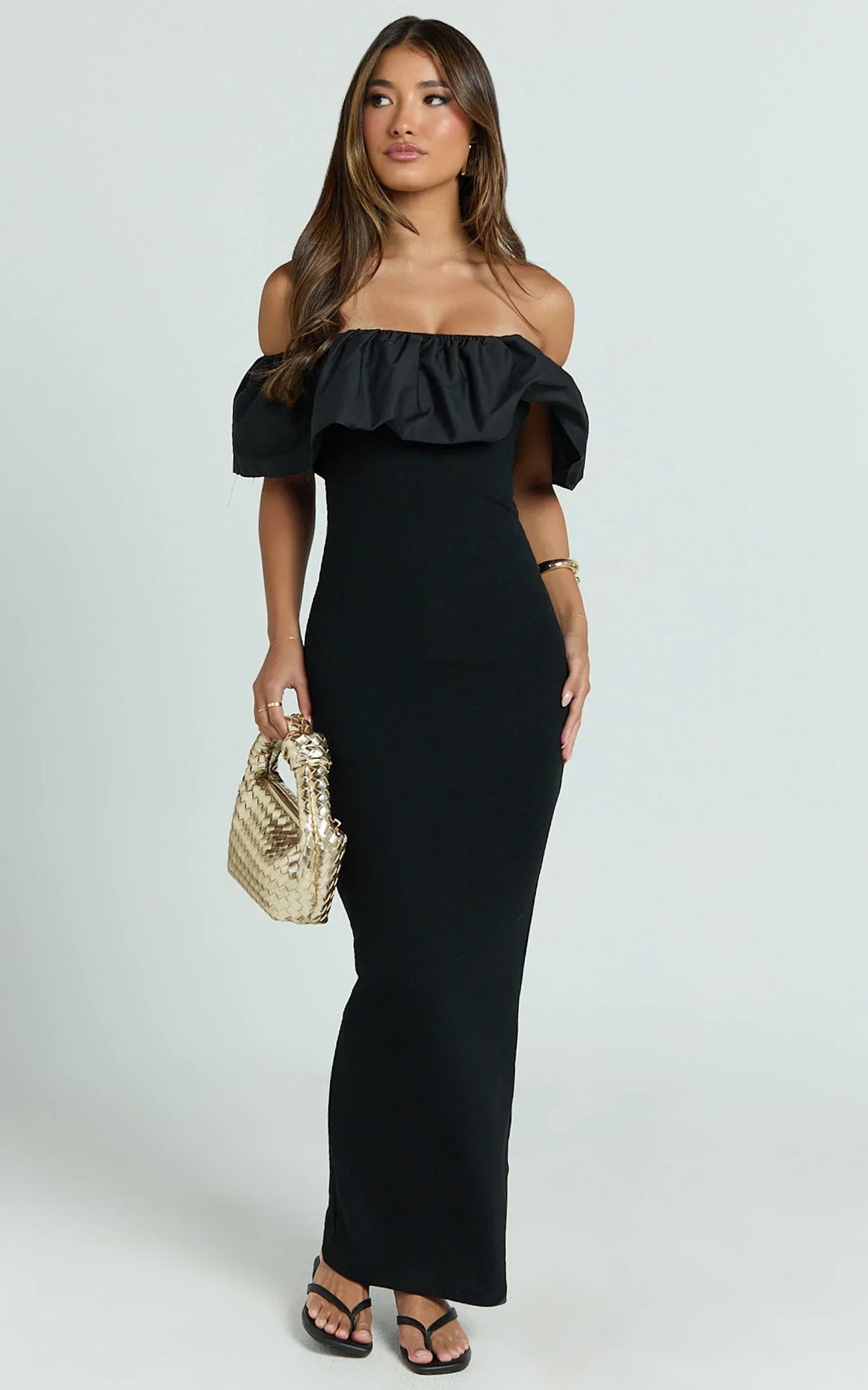 Carol Maxi Dress - Off Shoulder Frill Neckline Dress in Black