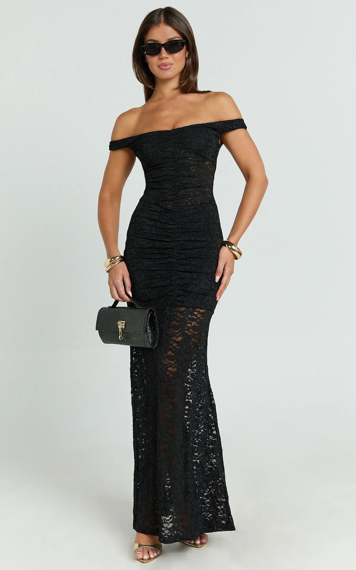 Brenda Maxi Dress - Lace Scoop Neck Keyhole Bodycon Dress in Black