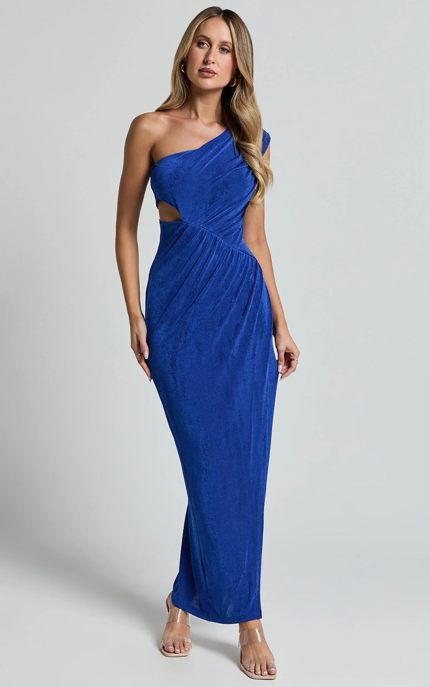Cristle Midi Dress - One Shoulder Side Cut Out Thigh Split Dress in Cobalt