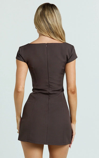 Desi Mini Dress - Square Neck Cap Sleeve Buckle Dress in Chocolate