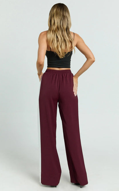 Davi Pants - Drawstring Waist Contrast Panel Tailored Pants in Burgundy