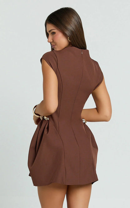 Charlita Mini Dress - Structured Dress with Hardware Detail in Brown