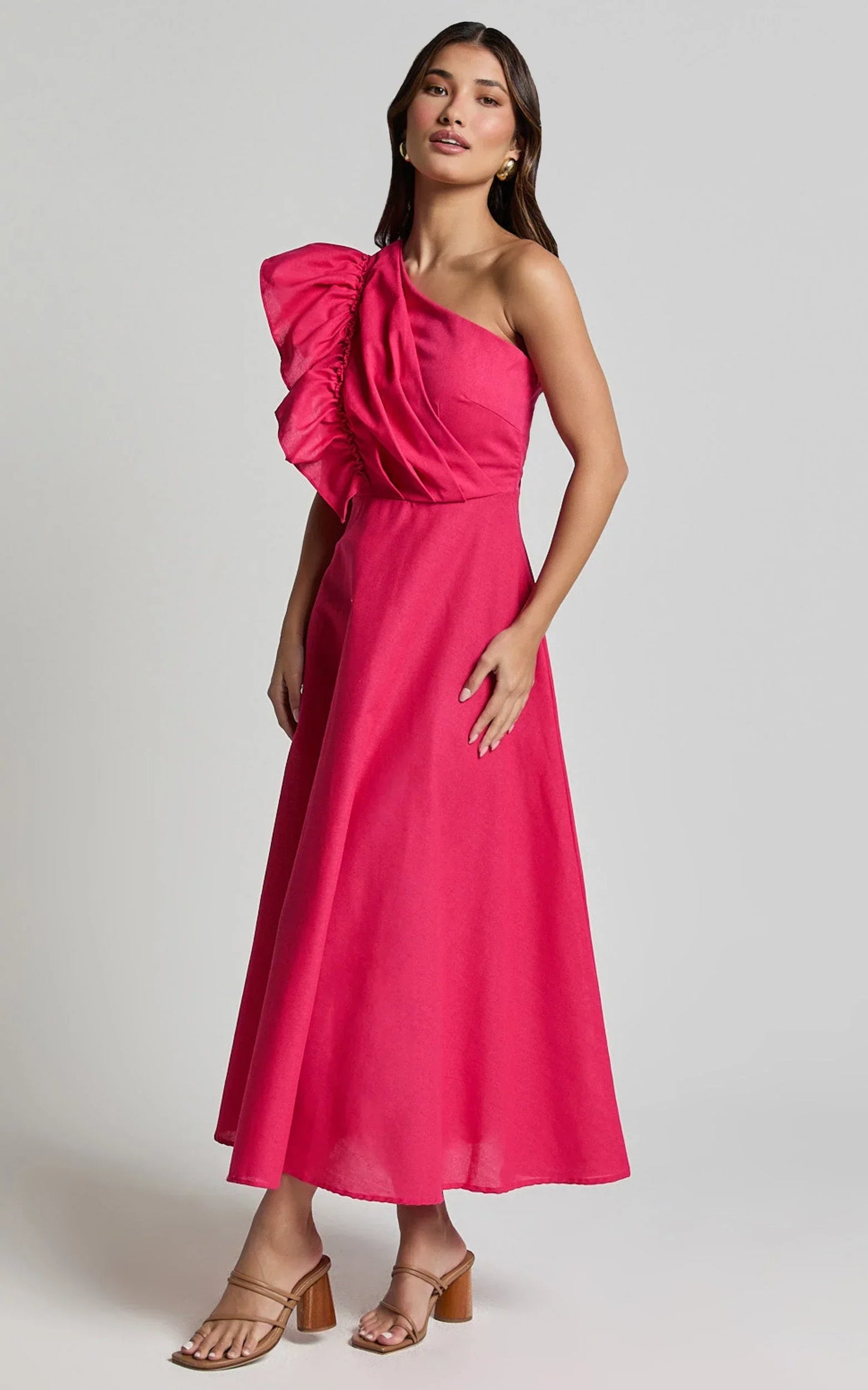 Dixie Midi Dress - Linen Look One Shoulder Ruffle Dress in Raspberry