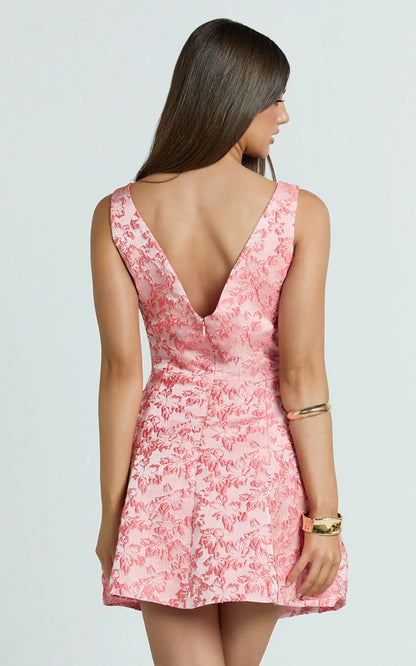 Courtney Mini Dress - Boat Neck Fit and Flare Dress in Pink