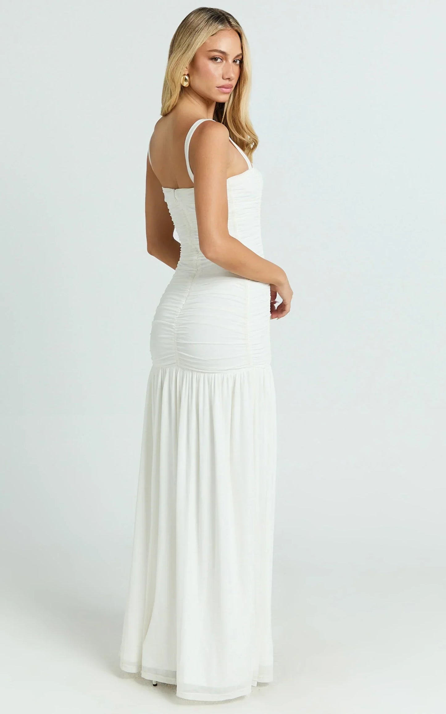 Cardi Maxi Dress - Ruched Mesh High Leg Split Dress in Ivory