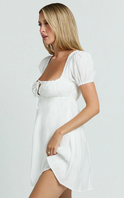 Candace Mini Dress - Square Neck Babydoll Dress in White