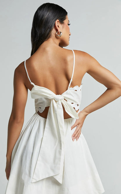 Brylee Mini Dress - Strappy Wave Neck Pleated Dress in White