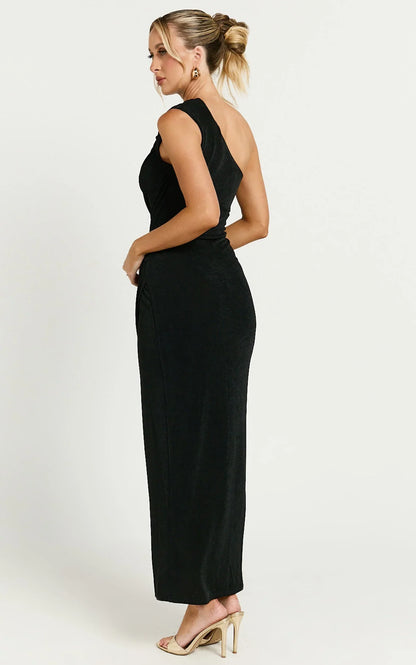 Cristle Midi Dress - One Shoulder Side Cut Out Thigh Split Dress in Black