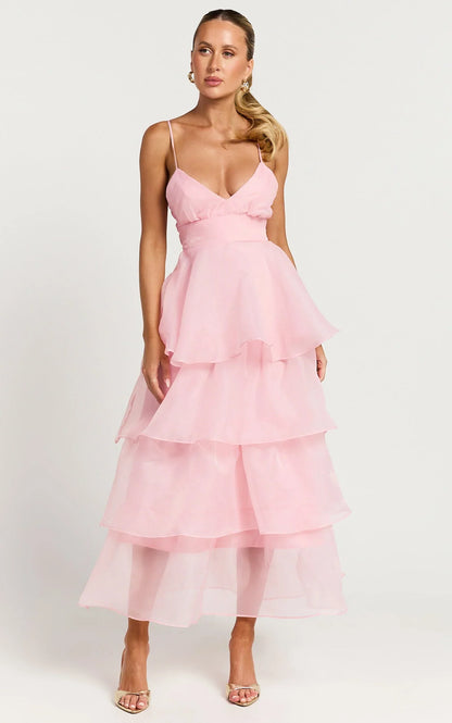 Cindy Midi Dress - Layered Skirt Dress in Soft Pink
