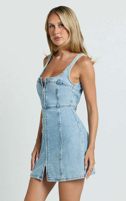 Chrysoula Mini Dress - Square Neck Zip Front Sleeveless Bodycon Denim in Light Blue Wash