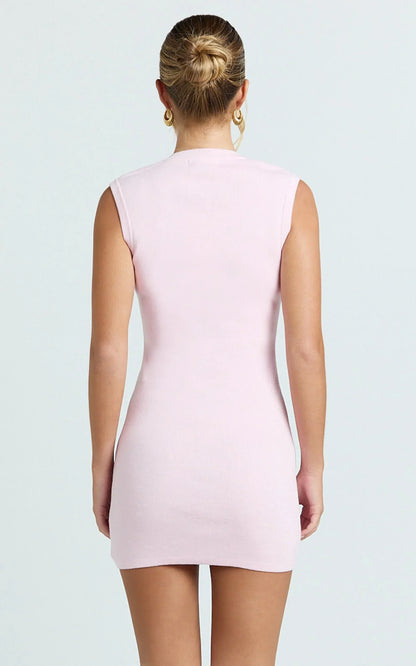 Branson Mini Dress - Sleeveless Button Down Knitted Dress in Plain Pink