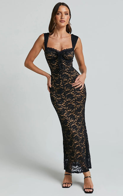 Collette Midi Dress - Ruched Bust Wide Strap Detail Lace Midi Dress in Black