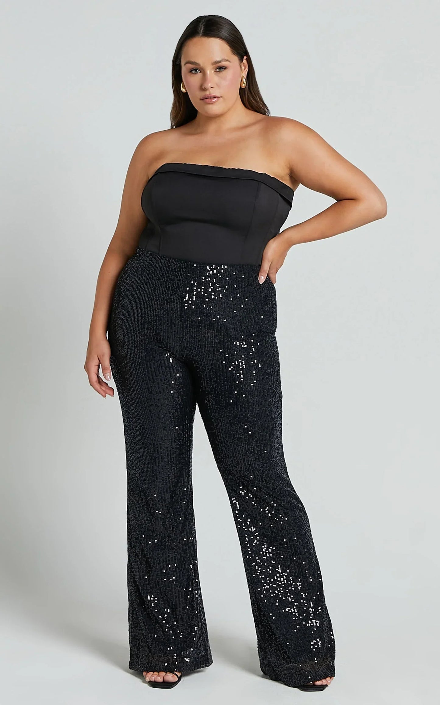 Deliza Pants - Mid Waisted Sequin Flare Pants in Black