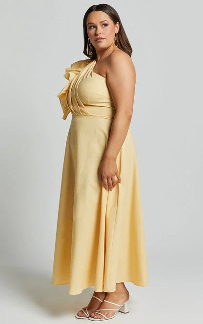 Dixie Midi Dress - Linen Look One Shoulder Ruffle Dress in Lemon