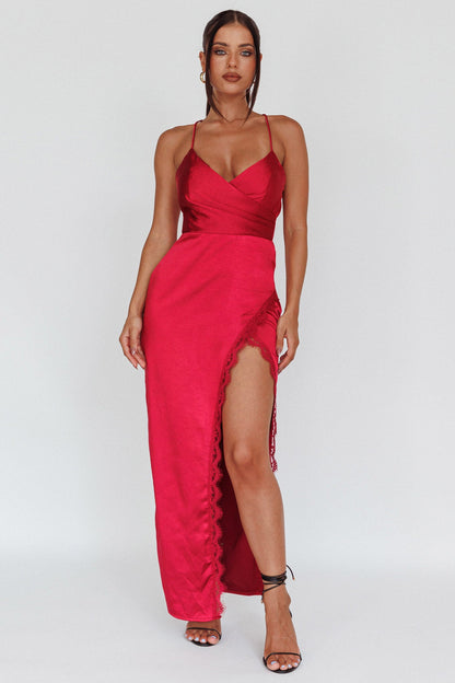 Winter Moon Lace Trim Midi Dress Wine