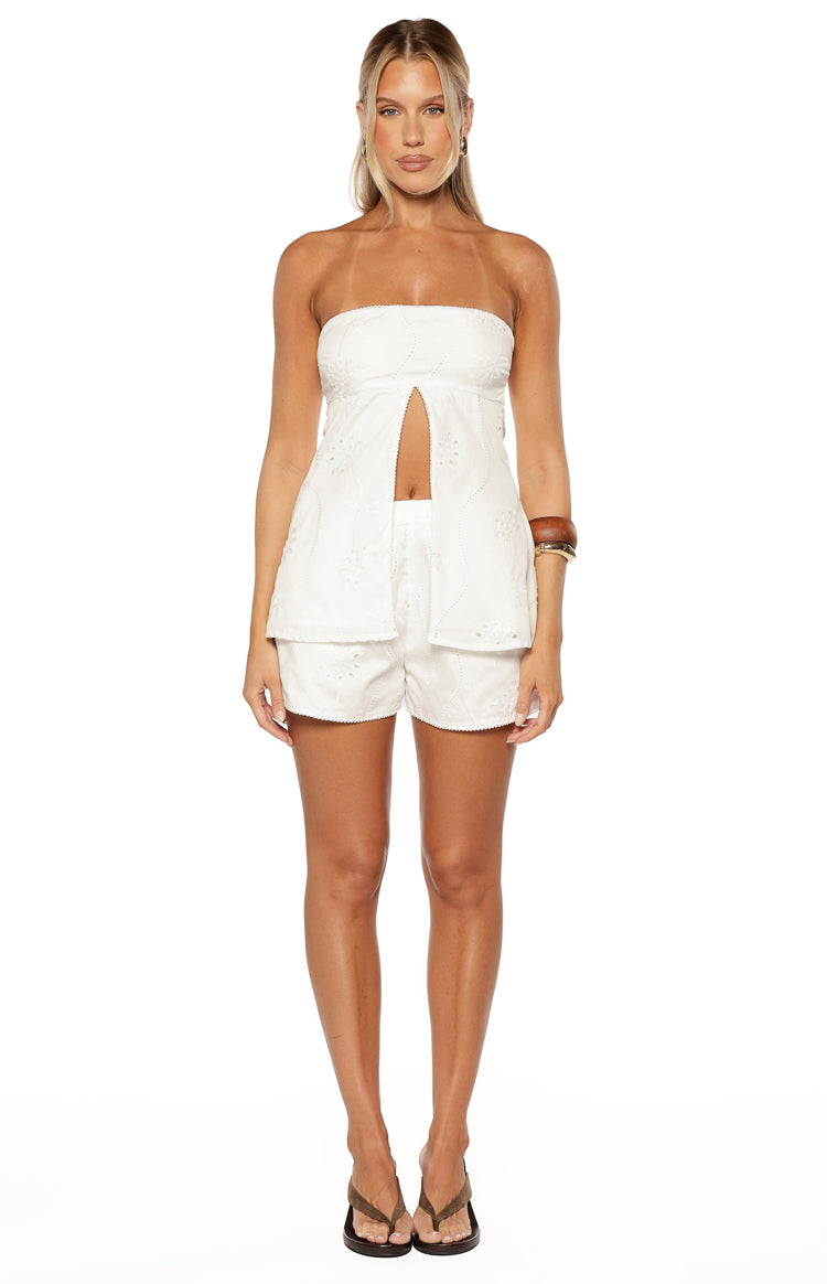 Ailany White Floral Strapless Longline Top