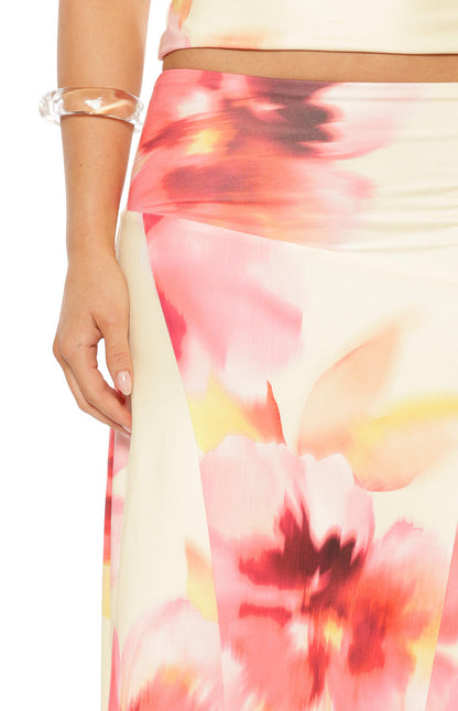 Alora Yellow and Pink Floral Print Hanky Hem Maxi Skirt