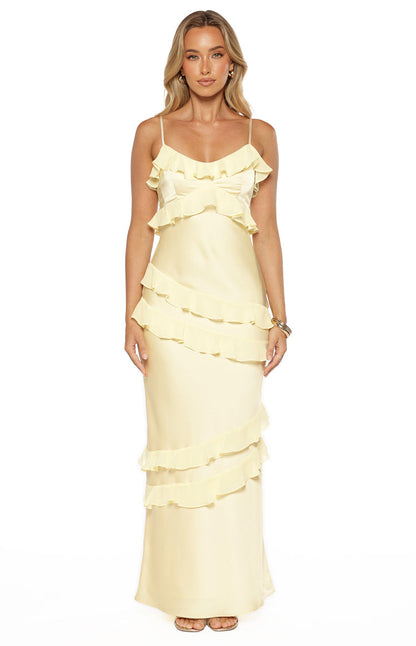 Audra Yellow Ruffle Satin Maxi Dress