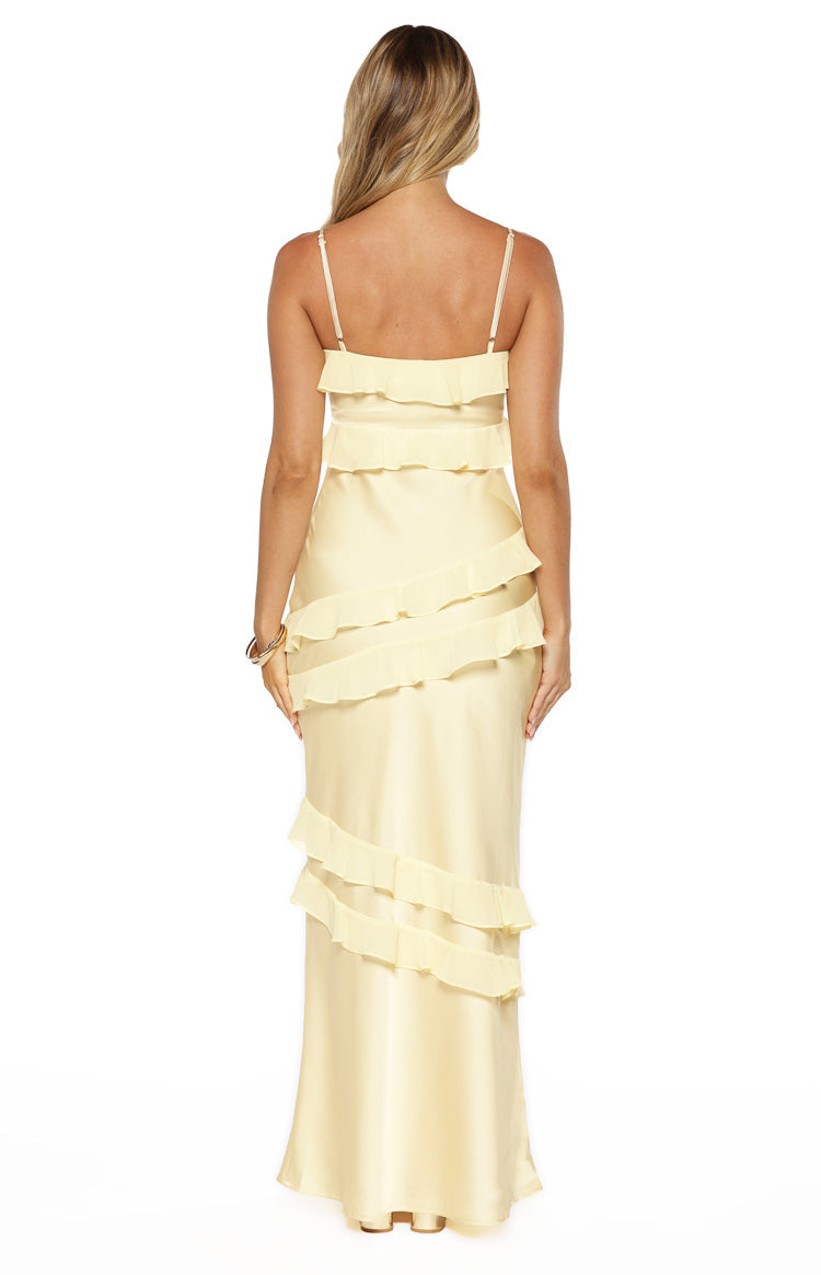 Audra Yellow Ruffle Satin Maxi Dress