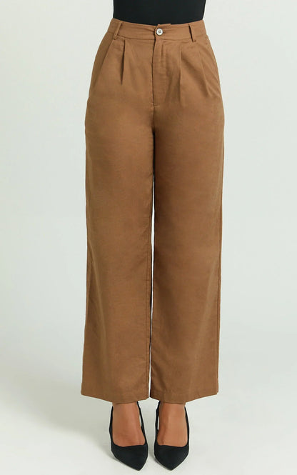 Celenia Linen Blend Pants - High Waisted Wide Leg Pants in Tobacco