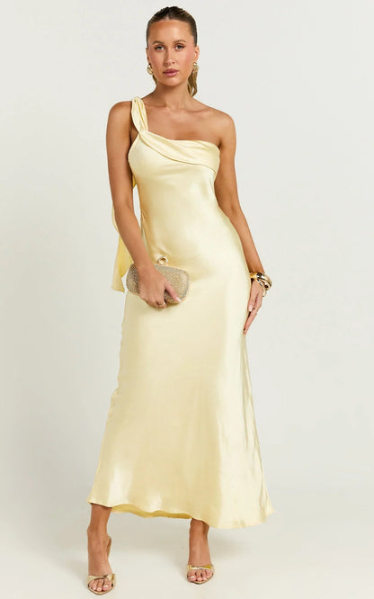 Calix Midi Dress - One shoulder Slip dress in Butter