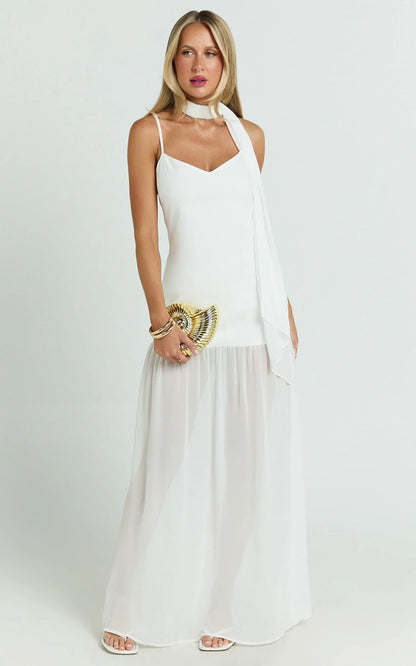 Calvin Maxi Dress - Linen Look Contrast Georgette Skirt with Neck Scarf in White