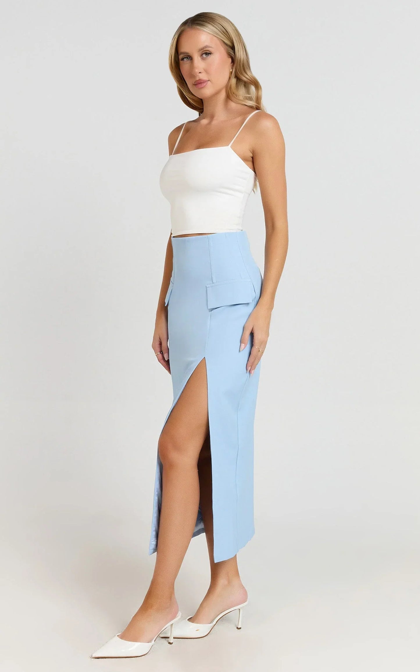 Davie Midi Skirt - High Waist Split Front Skirt in Ice Blue