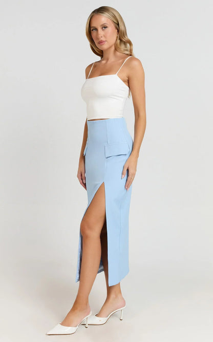 Davie Midi Skirt - High Waist Split Front Skirt in Ice Blue