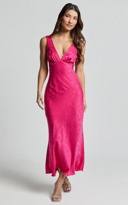 Cohen Midi Dress - Jacquard Satin Midi Dress in Pink