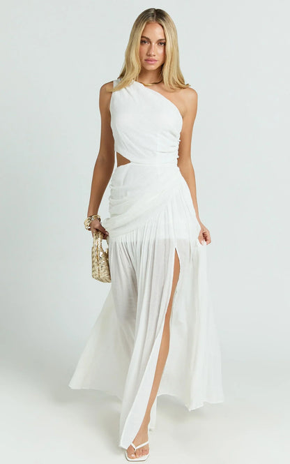 Darcy Maxi Dress - One Shoulder Side Cut Out Gathered Dress in White