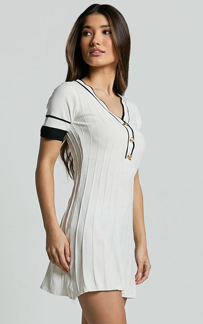 Cassandra Mini Dress - Knit Contrast Mini Dress in Ivory/Black