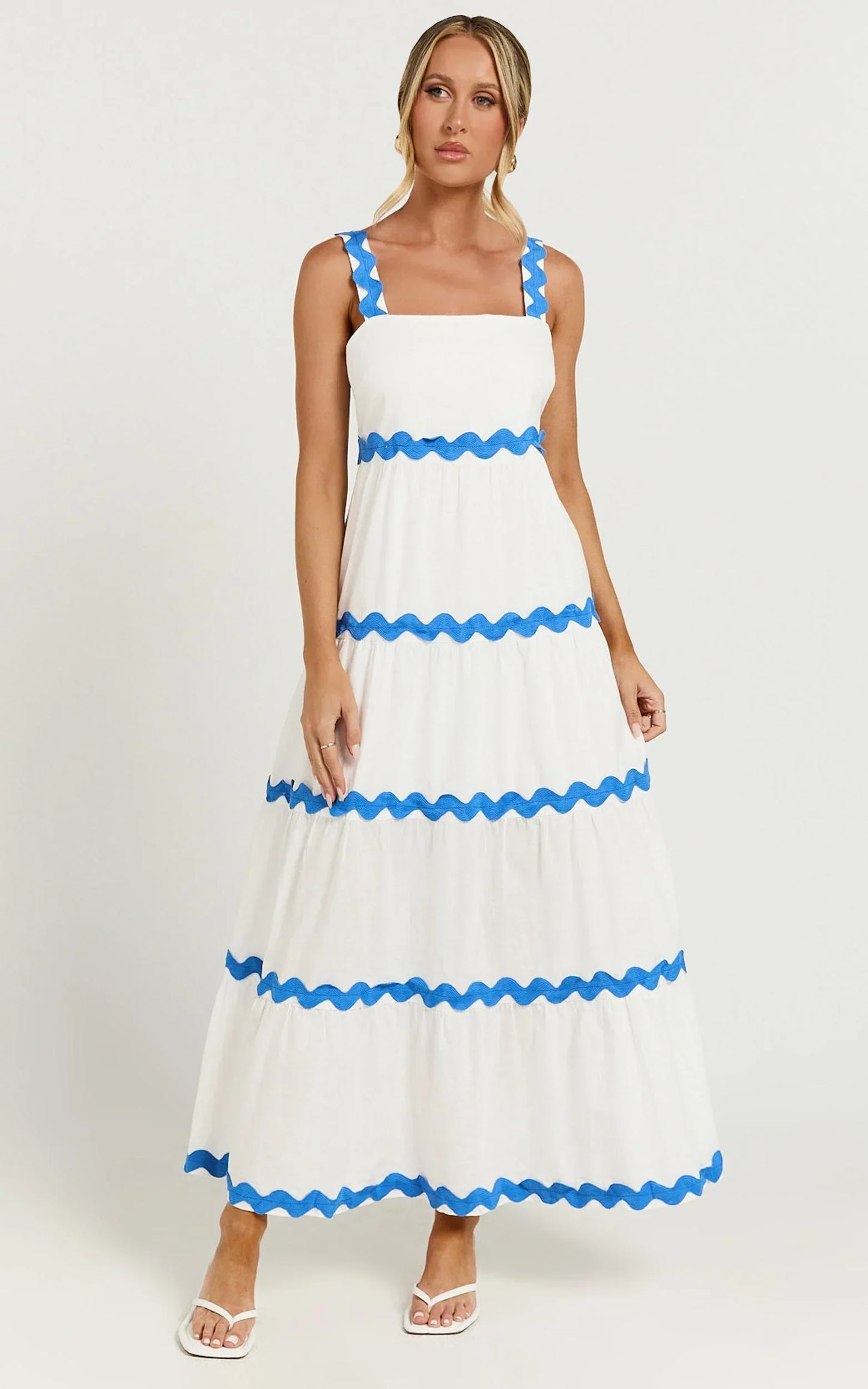 Brenda Midi Dress - Sleeveless Straight Neck Wave Detail A Line Dress in White
