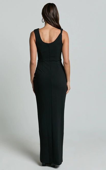 Celia Maxi Dress - Twist Shoulder Bodycon Thigh Split Dress in Black
