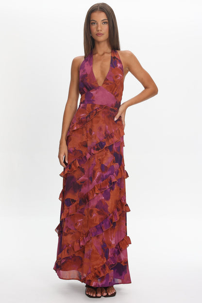 Flirt Frill Trim Halter Maxi Dress Dark Rose