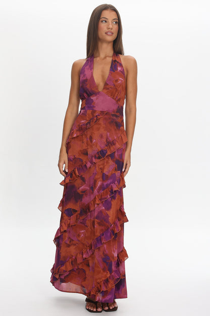 Flirt Frill Trim Halter Maxi Dress Dark Rose