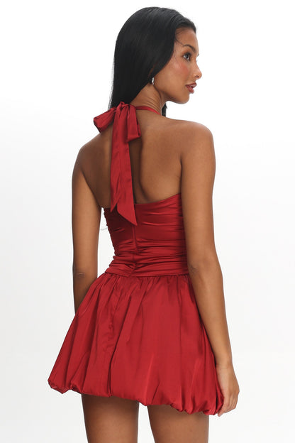 Angelico Halterneck Balloon Mini Dress Wine