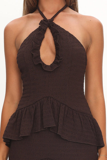 Dulce Dreams Halterneck Frill Maxi Dress Chocolate