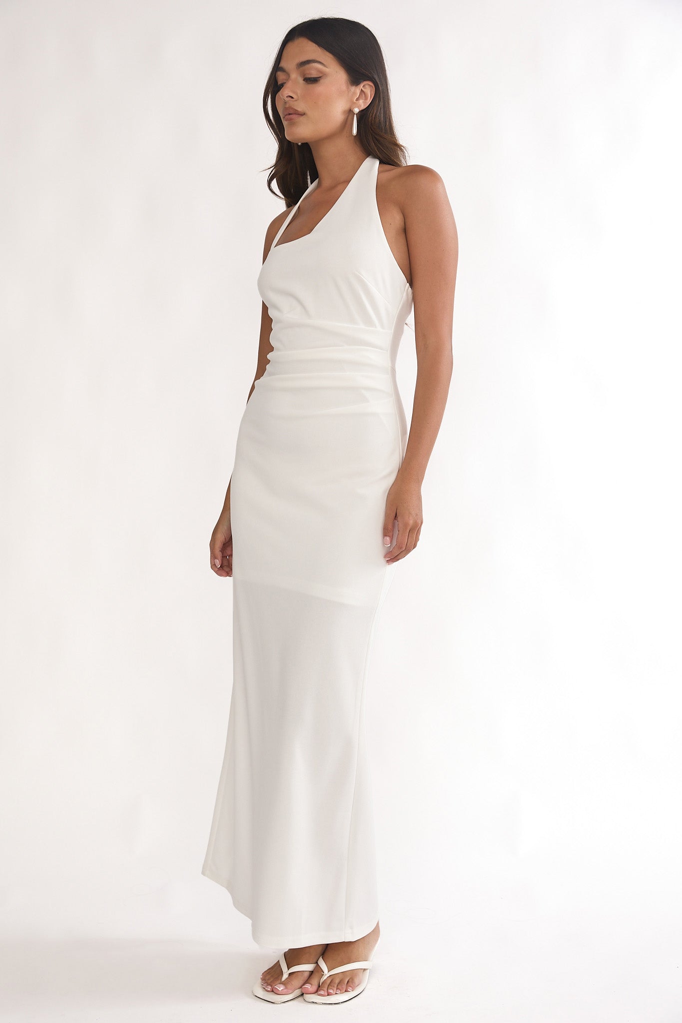 Evenings Asymmetric Halter Maxi Dress White