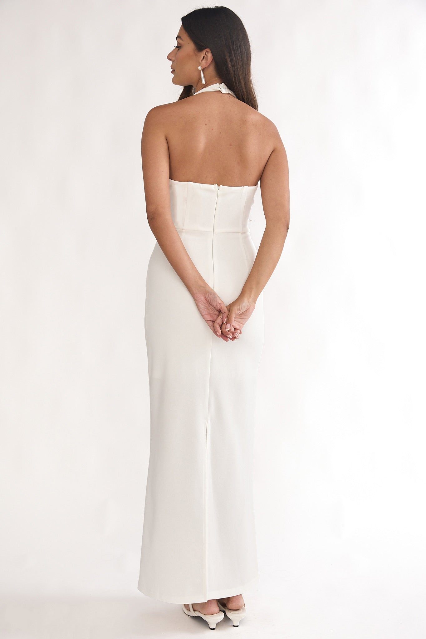 Evenings Asymmetric Halter Maxi Dress White