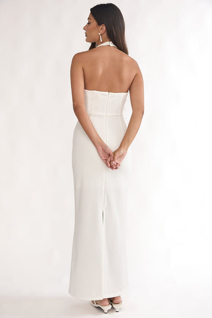 Evenings Asymmetric Halter Maxi Dress White
